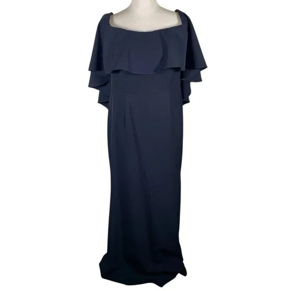 Vince Camuto | Dresses | Vince Camuto Fit And Flare Gown Womens 4 Navy Blue  Layered Off Shoulder Neck | Poshmark